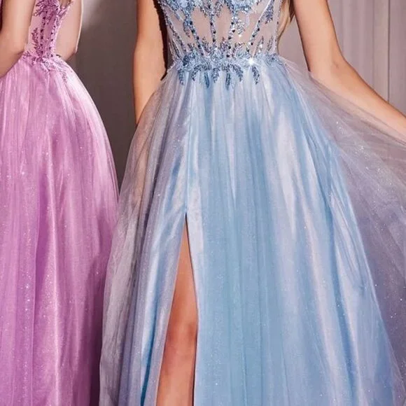 NEW LONG FORMAL A-LINE SLEEVELESS TULLE DRESS EMBROIDERED W/ FLORAL LACE CD0234